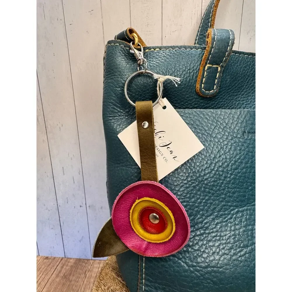 Genuine Leather Round Flower Purse Charm Fuchsia Pink Lime Red Boho Bag Charm